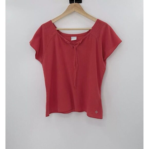 Columbia Women’s 100% Cotton Coral Red Short Sleeve Crop Top Sz M Tie Front Boho - Picture 1 of 8